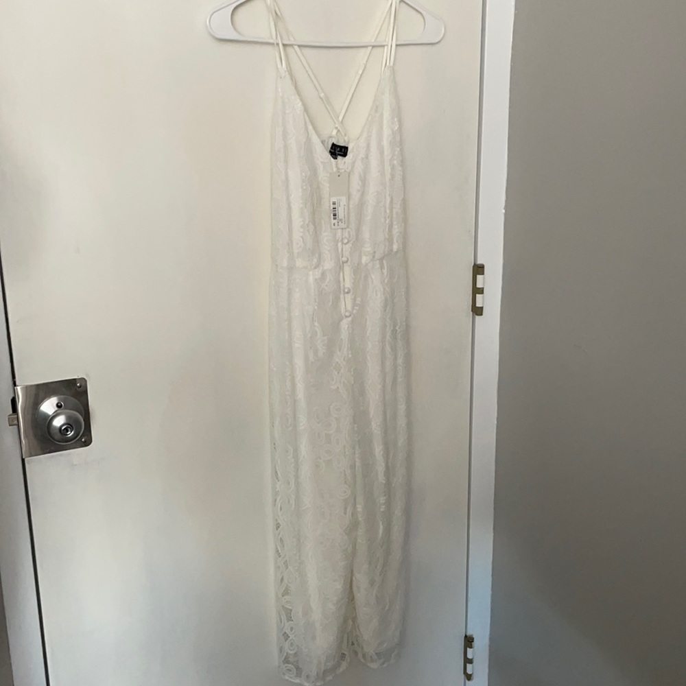 White lace jumpsuit with button front